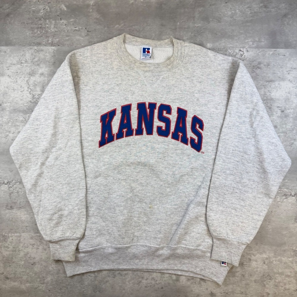 Vintage Russell Athletic Kansas Sweatshirt XL Heather Gray Made in USA 90s Crew
